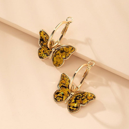 Boucles d'Oreilles Créoles avec Papillons Multicolores Dorés